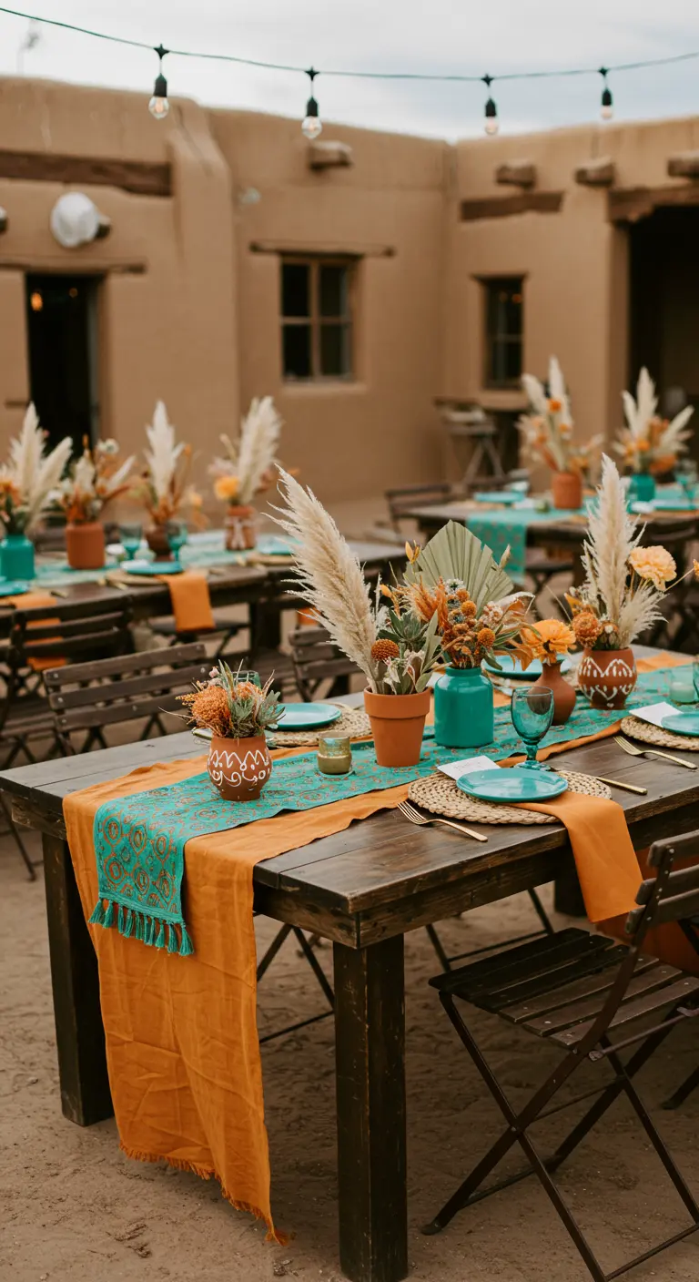 Holztisch mit Terrakotta-Vasen, Pampasgras und einem bunten Tischläufer in Türkis und Senfgelb