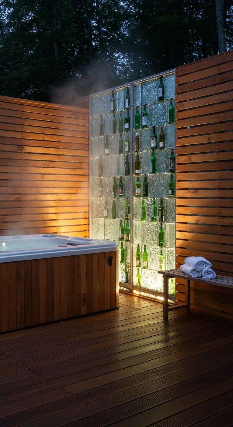 Ein moderner Spa-Bereich mit Whirlpool und einer hinterleuchteten Wand aus Glasbausteinen und grünen Flaschen.