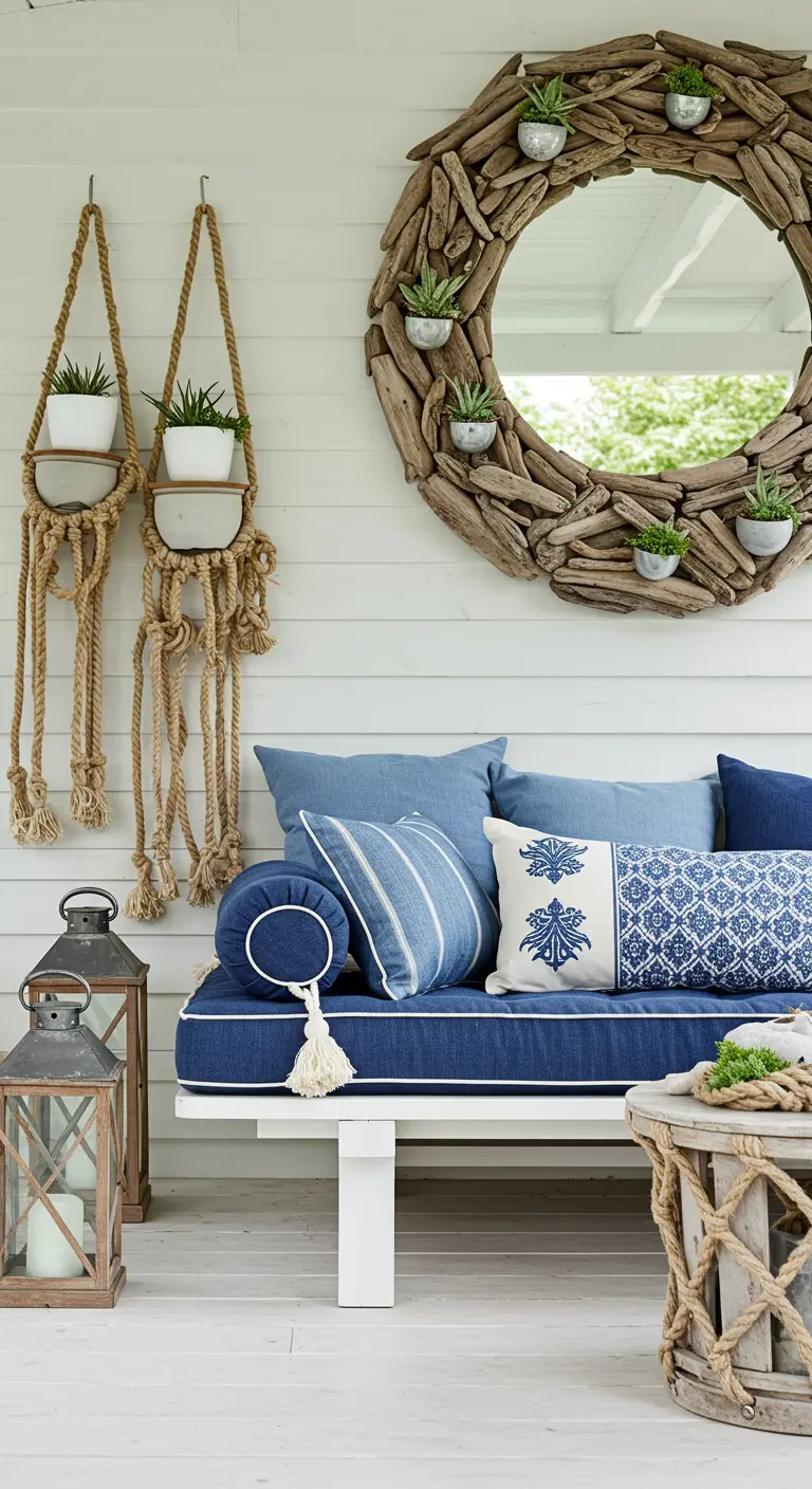 Ein runder Spiegel mit einem Rahmen aus Treibholz, dekoriert mit kleinen Sukkulenten.