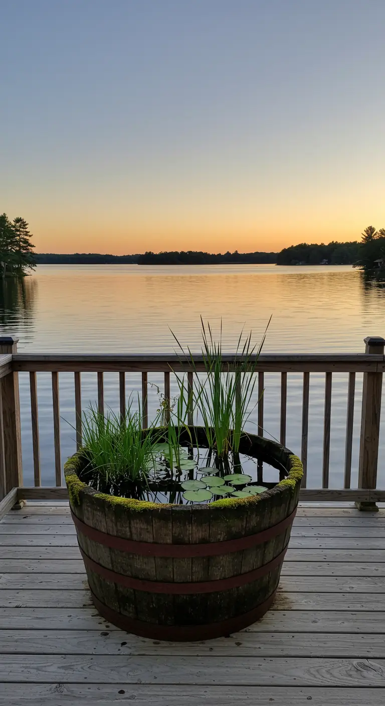 Ein Holzfass-Teich auf einem Holzdeck spiegelt den Sonnenuntergang über einem See wider.