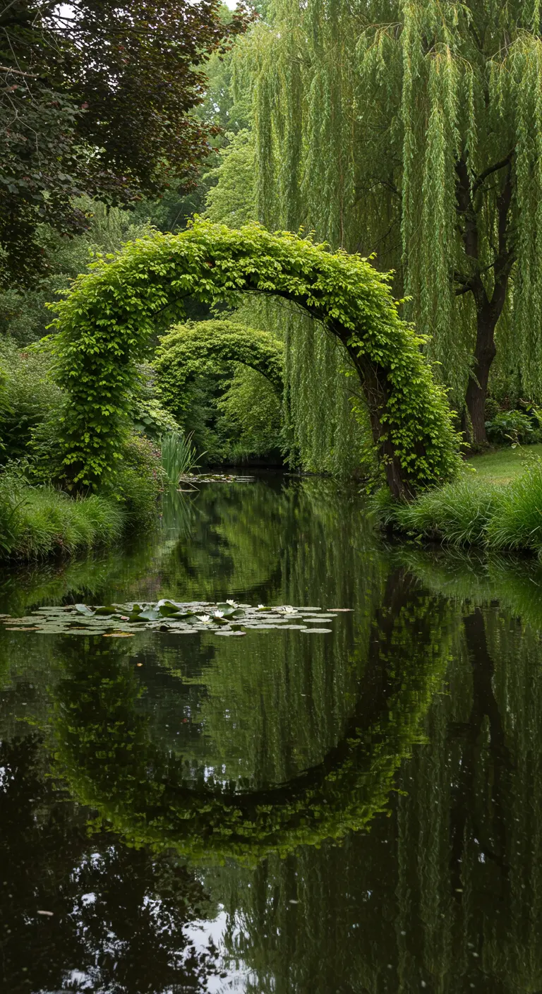 Ein grüner Weidenbogen, der sich über einen stillen Wasserlauf wölbt und sich darin spiegelt.