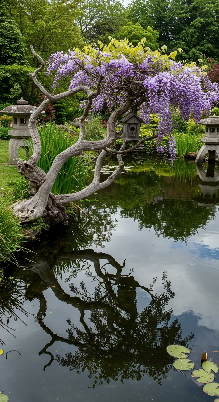 Knorrige Treibholz-Wisteria mit Vogelhaus, die sich in einem Teich spiegelt.