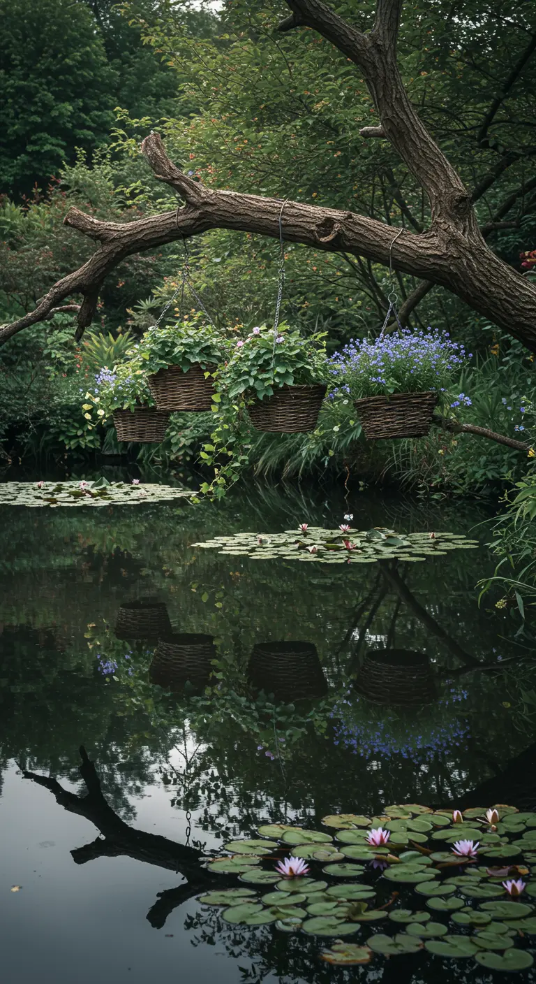 Drei Hängekörbe mit Blumen über einem Teich mit Seerosen, ihre Spiegelung im Wasser sichtbar.