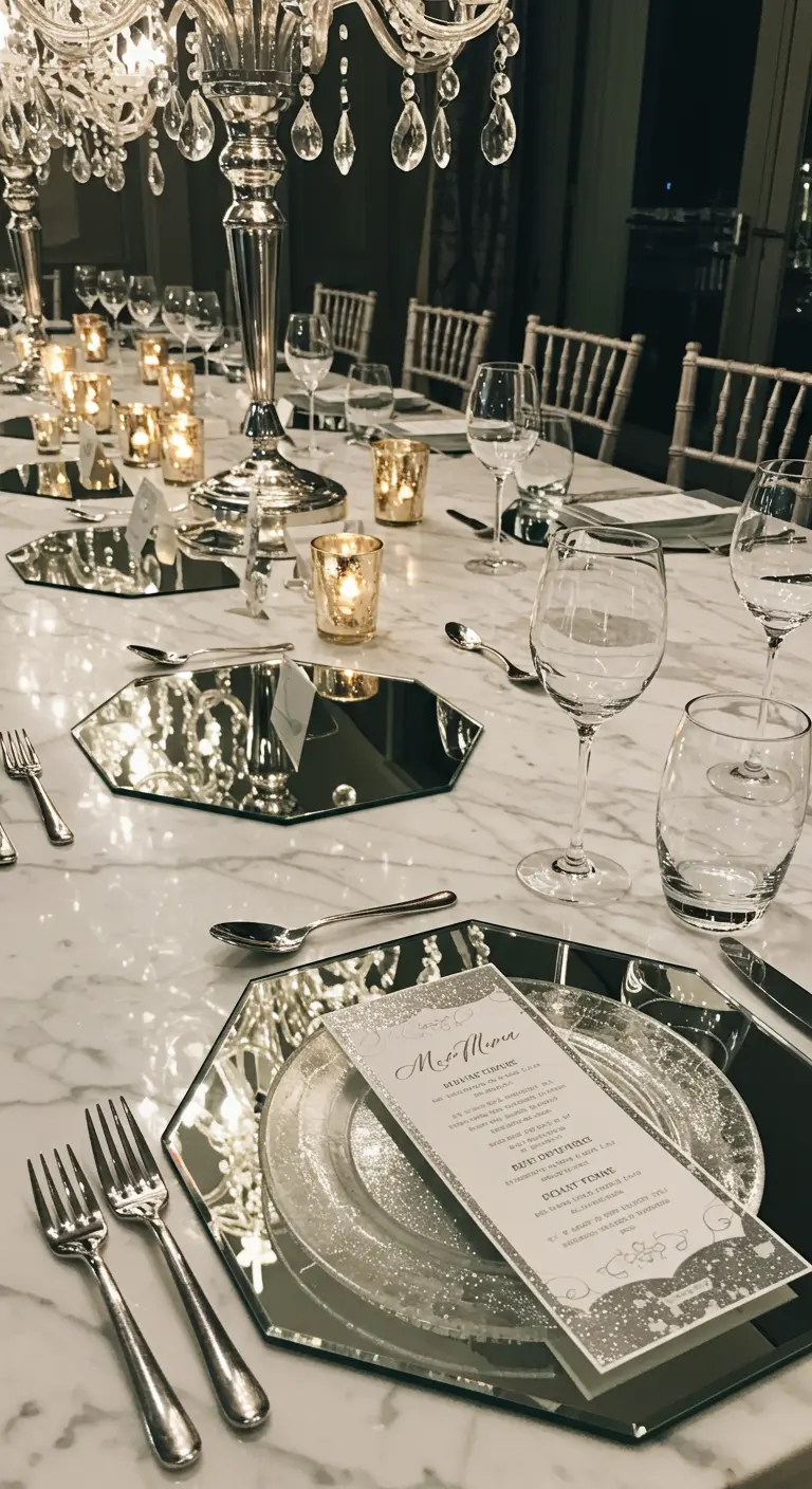 Glamouröser Tisch mit achteckigen Spiegel-Tischsets und Kristallleuchter.
