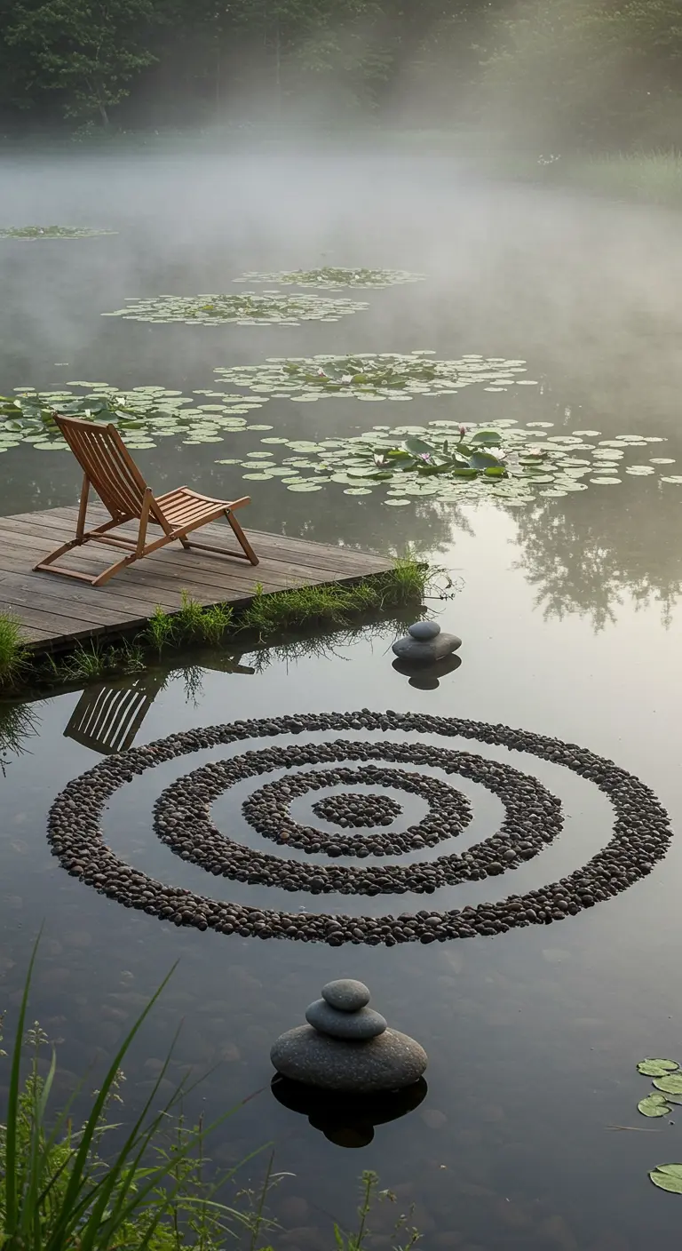 Ein Stein-Mandala unter der Wasseroberfläche eines nebligen Teichs mit Seerosen.