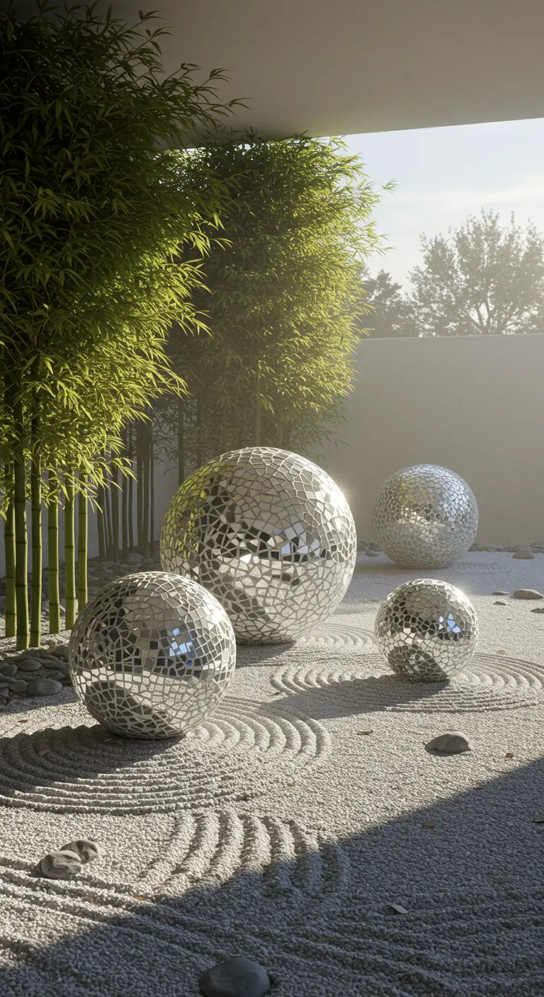 Drei große Mosaik-Spiegelkugeln in einem geharkten Sandgarten neben Bambuspflanzen.