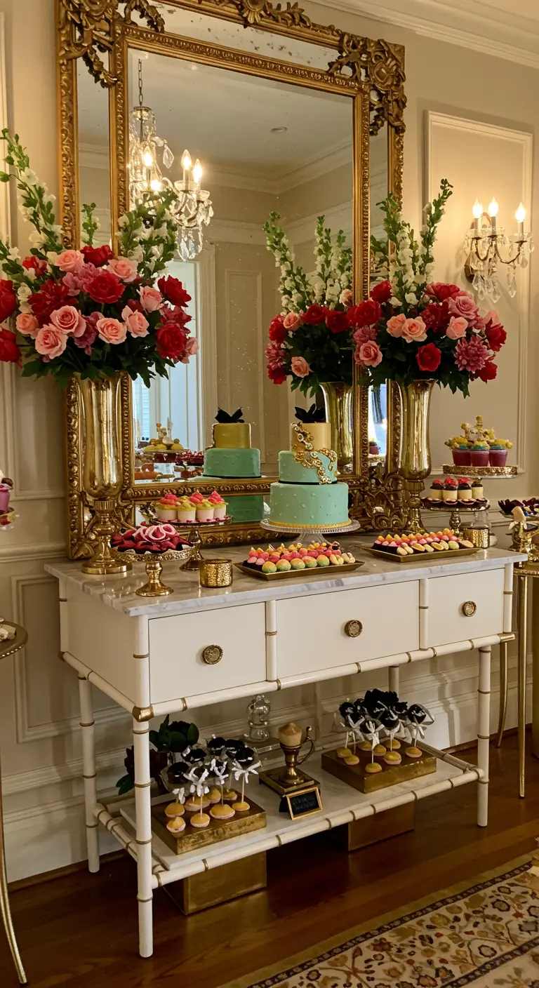 Weiß-goldener Konsolentisch mit Torte und Blumen vor einem großen, ornamentalen Goldspiegel