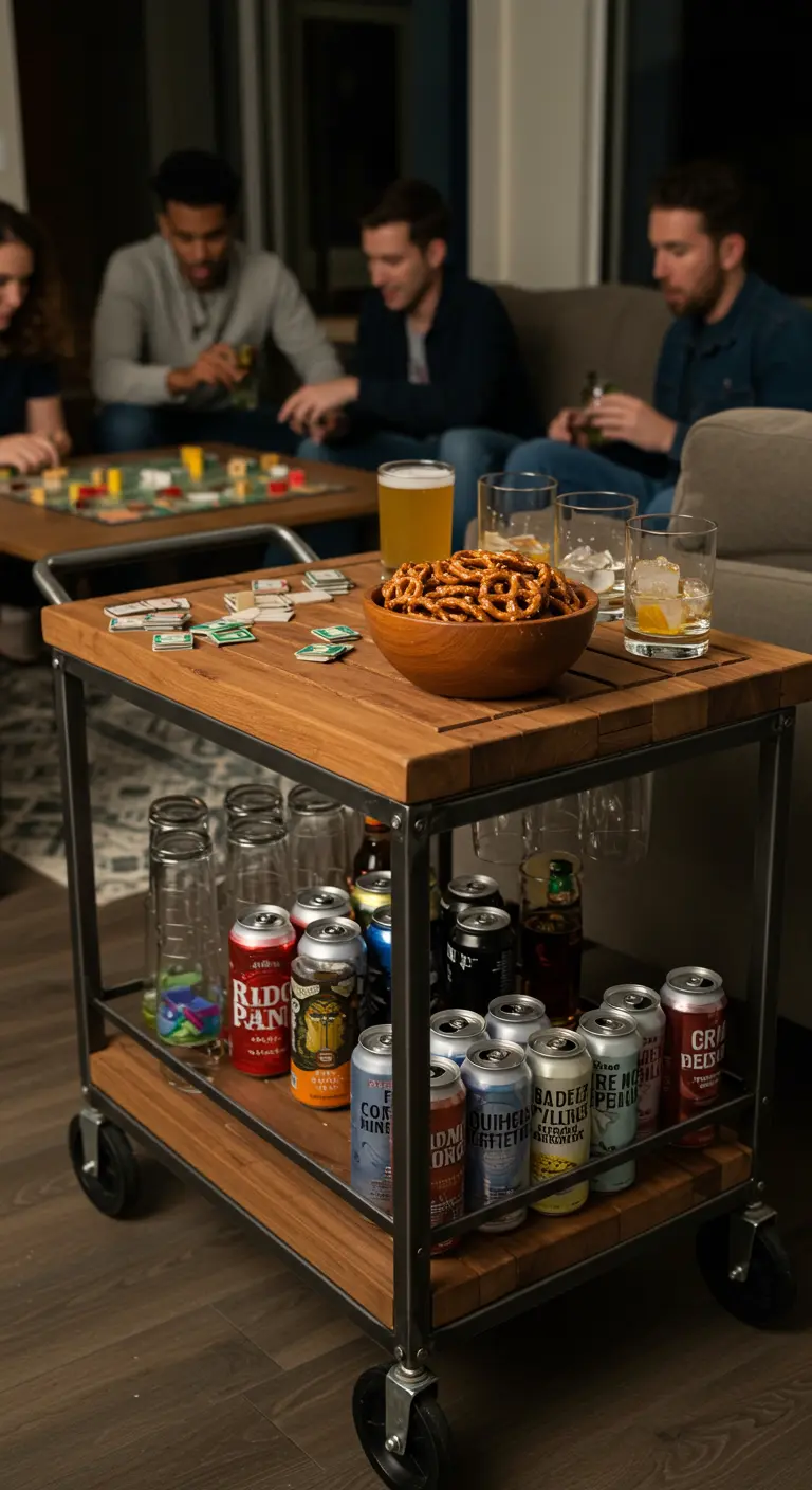 Ein Barwagen aus Holz und Metall, beladen mit Getränken und Snacks für einen Spieleabend mit Freunden