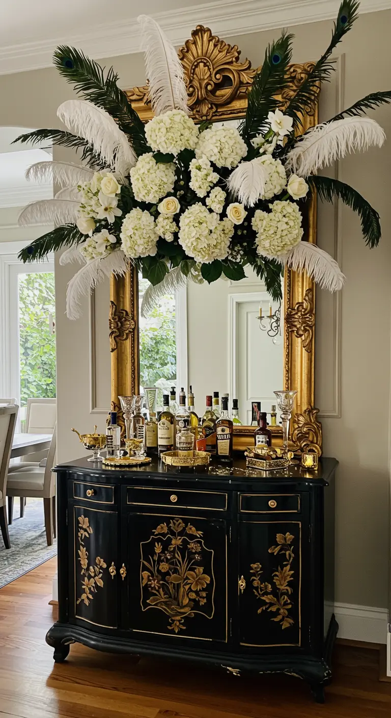 Schwarzes Sideboard mit Goldverzierungen, darüber ein großer Spiegel mit Federn und Blumen dekoriert.