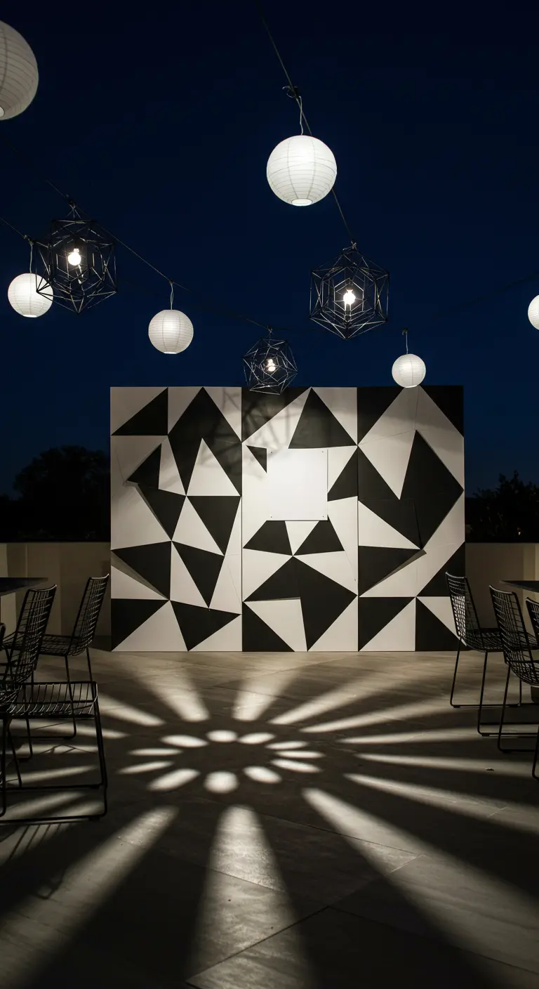 Außenbereich bei Nacht mit hängenden Laternen, die Schatten auf eine schwarz-weiße geometrische Wand werfen