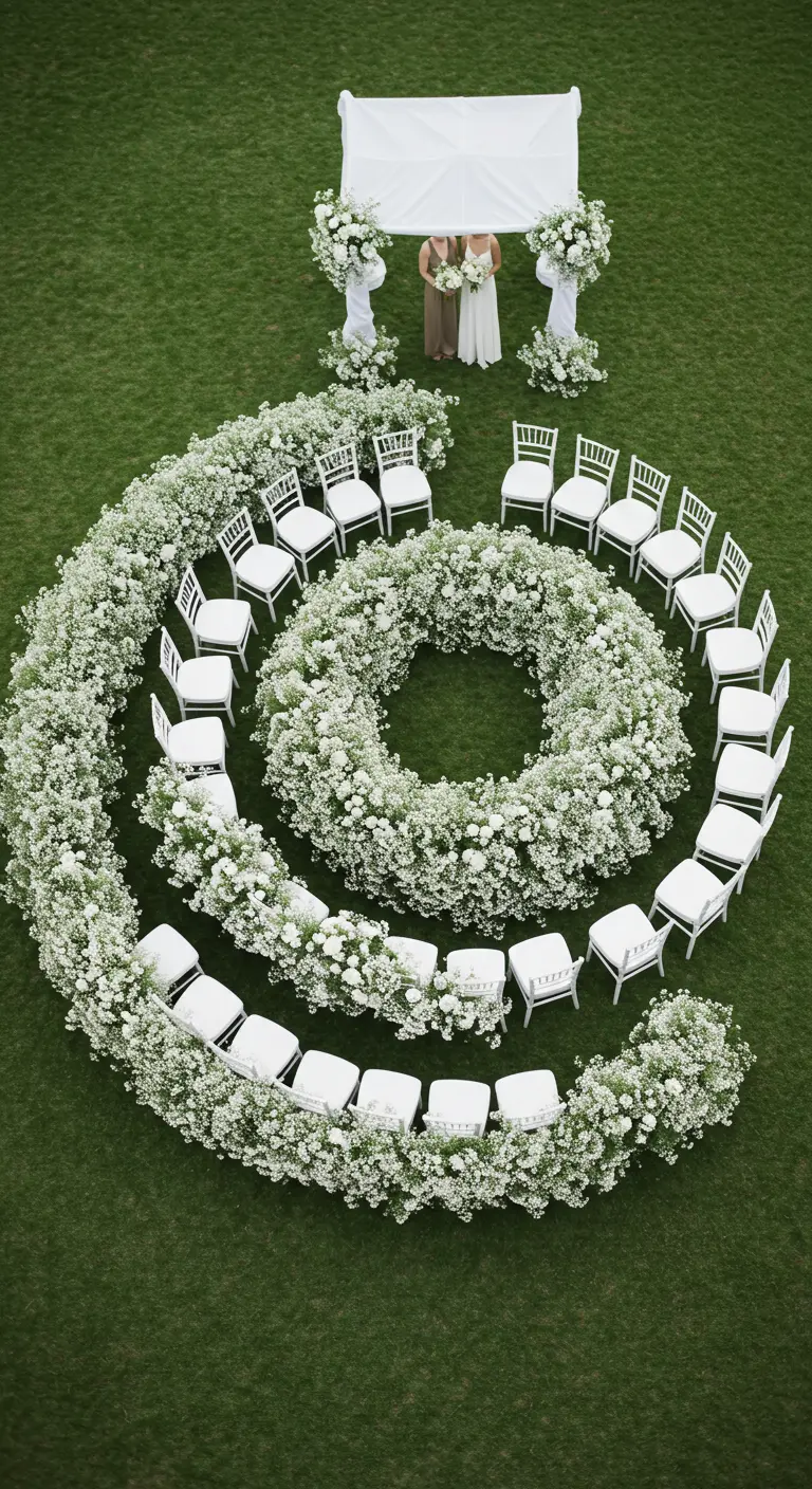 Luftaufnahme einer spiralförmigen Sitzordnung für eine Trauung, umgeben von weißen Blumen.