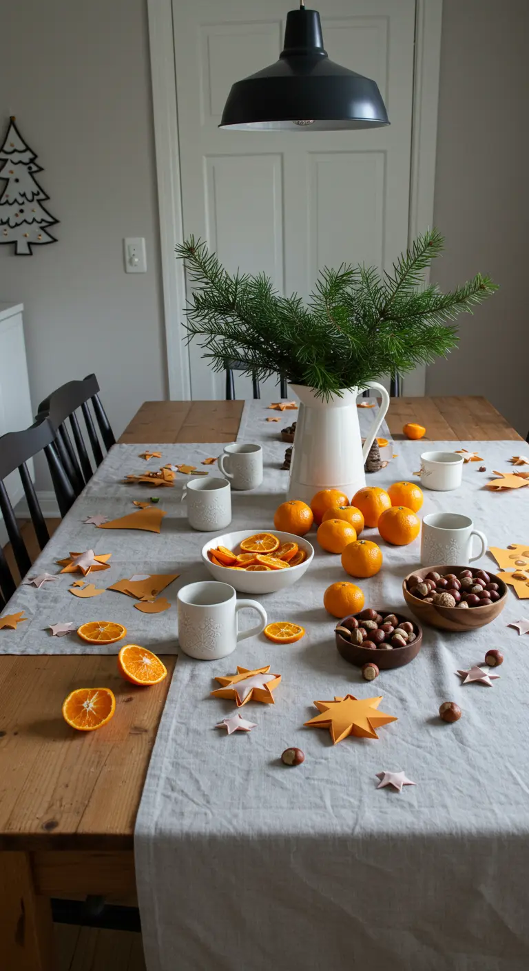 Lässige Tischdeko mit Orangen, Nüssen und Papiersternen auf einem Leinentuch.