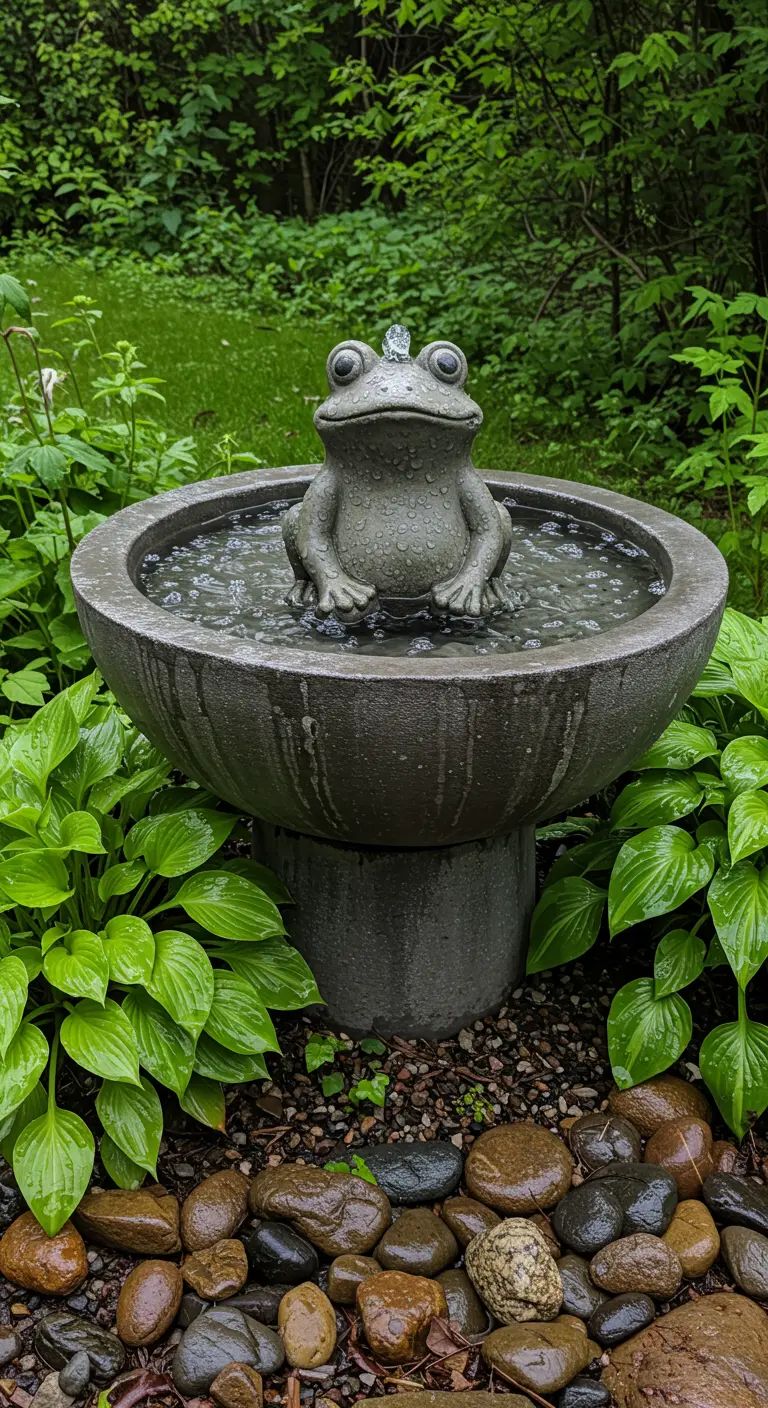 Ein Frosch sitzt in einem sprudelnden Vogelbad aus Beton, umgeben von Funkien.