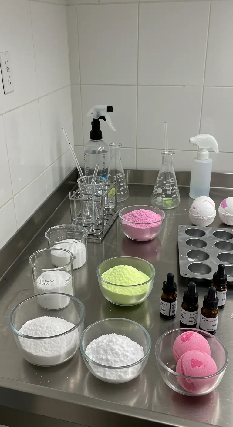 Eine saubere Arbeitsfläche mit Zutaten wie Pulver und Ölen zur Herstellung von Badebomben.