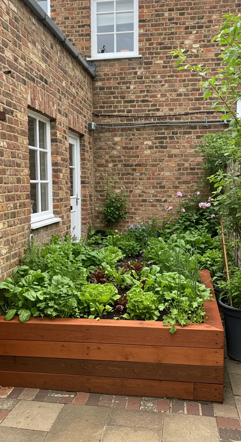 Ein hohes Holzbeet in einem städtischen Innenhof, gefüllt mit verschiedenen Salatsorten und Kräutern.