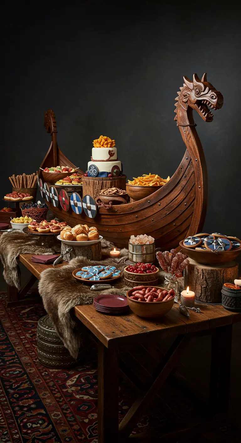 Imposantes Wikinger-Buffet in Form eines Drachenschiffs, dekoriert mit Fellen und Holzschalen
