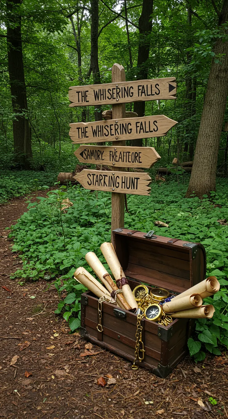 Holzwegweiser im Wald neben einer offenen Schatztruhe mit Karten und Gold