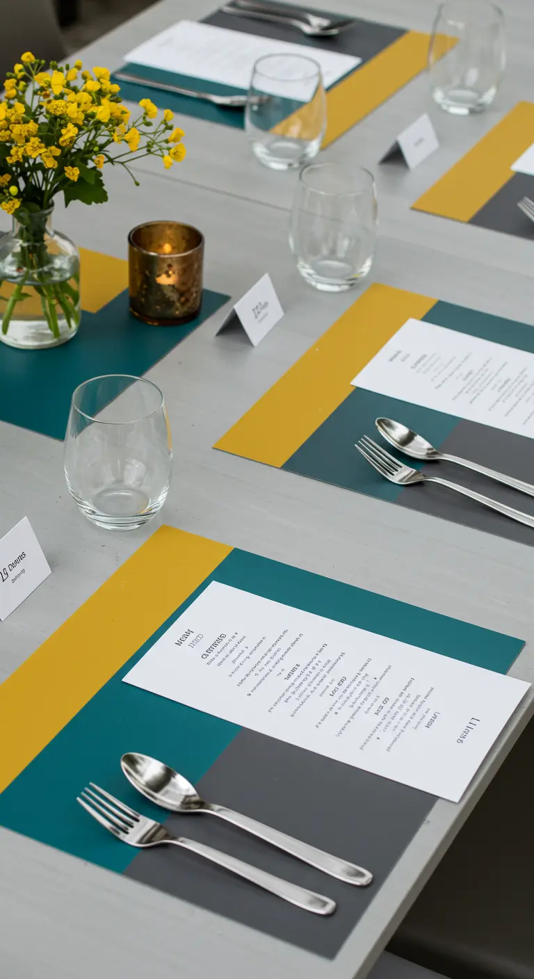 Tischset im Color-Blocking-Stil mit den Farben Petrol, Gelb und Grau.
