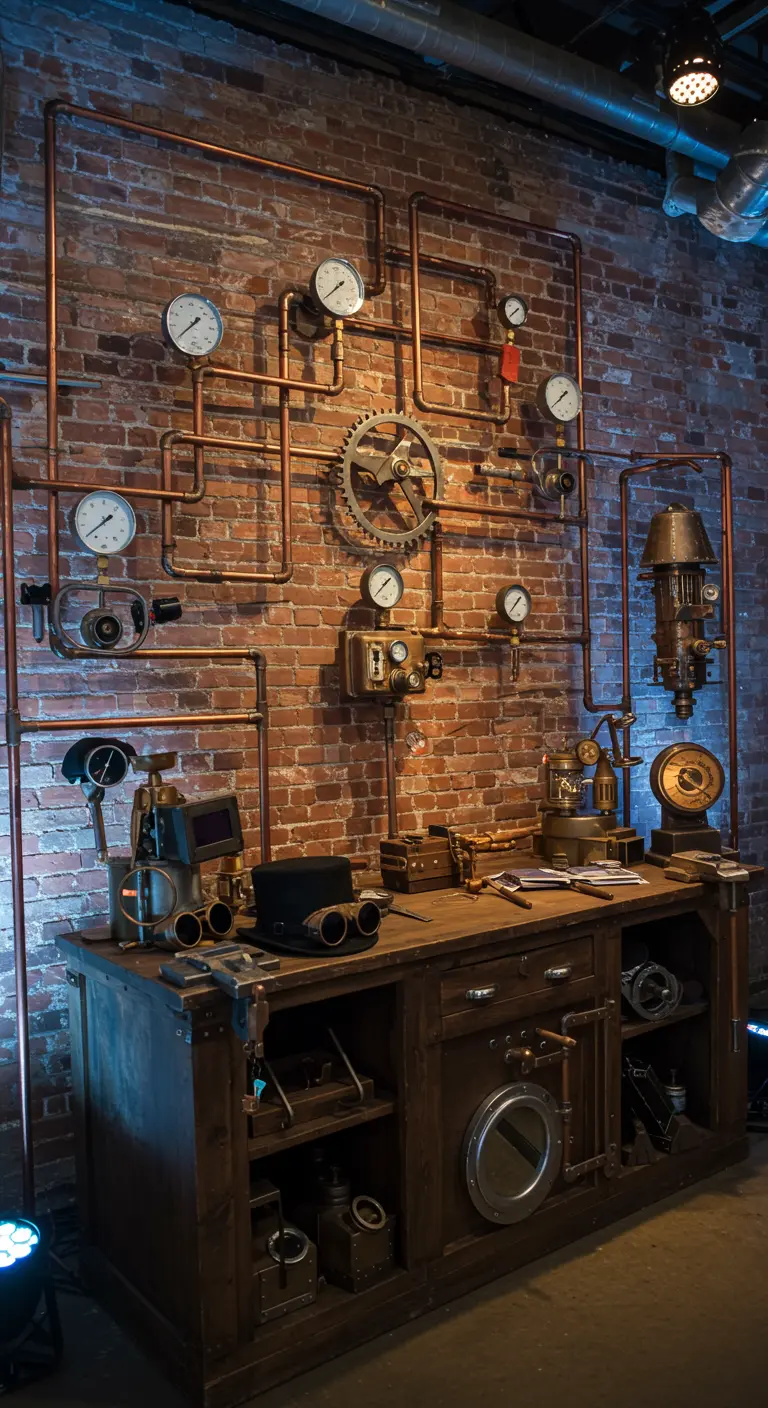 Eine Steampunk-Werkstatt mit Kupferrohren, Manometern und Zahnrädern an einer Backsteinwand.