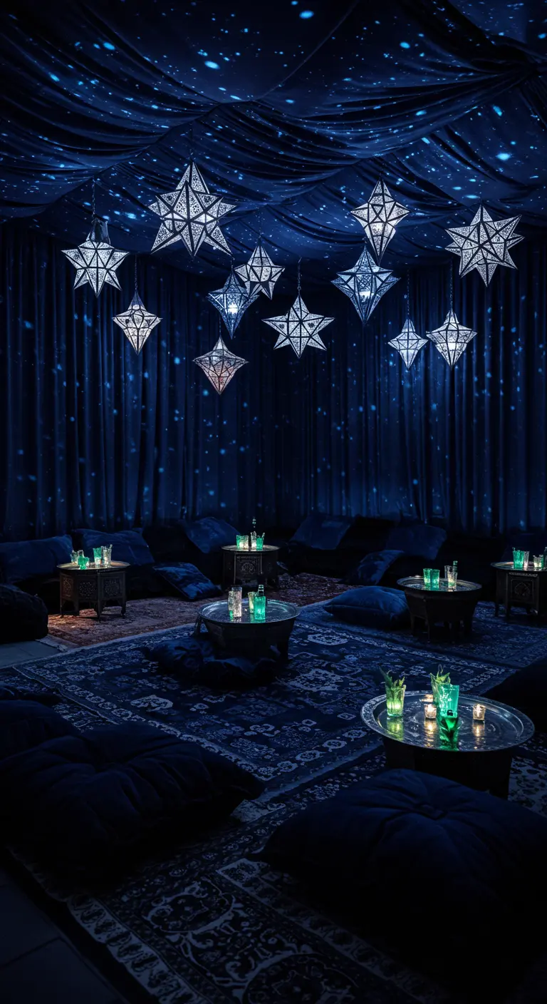 Dunkler Raum mit sternförmigen marokkanischen Lampen und blauen Samtvorhängen.