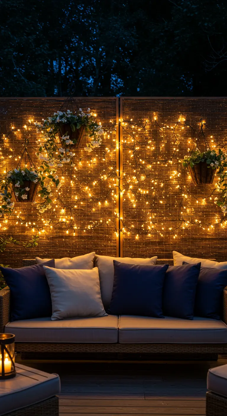 Lounge-Sofa vor einer Bambuswand, die komplett mit einem Netz aus warmweißen Lichterketten bedeckt ist.