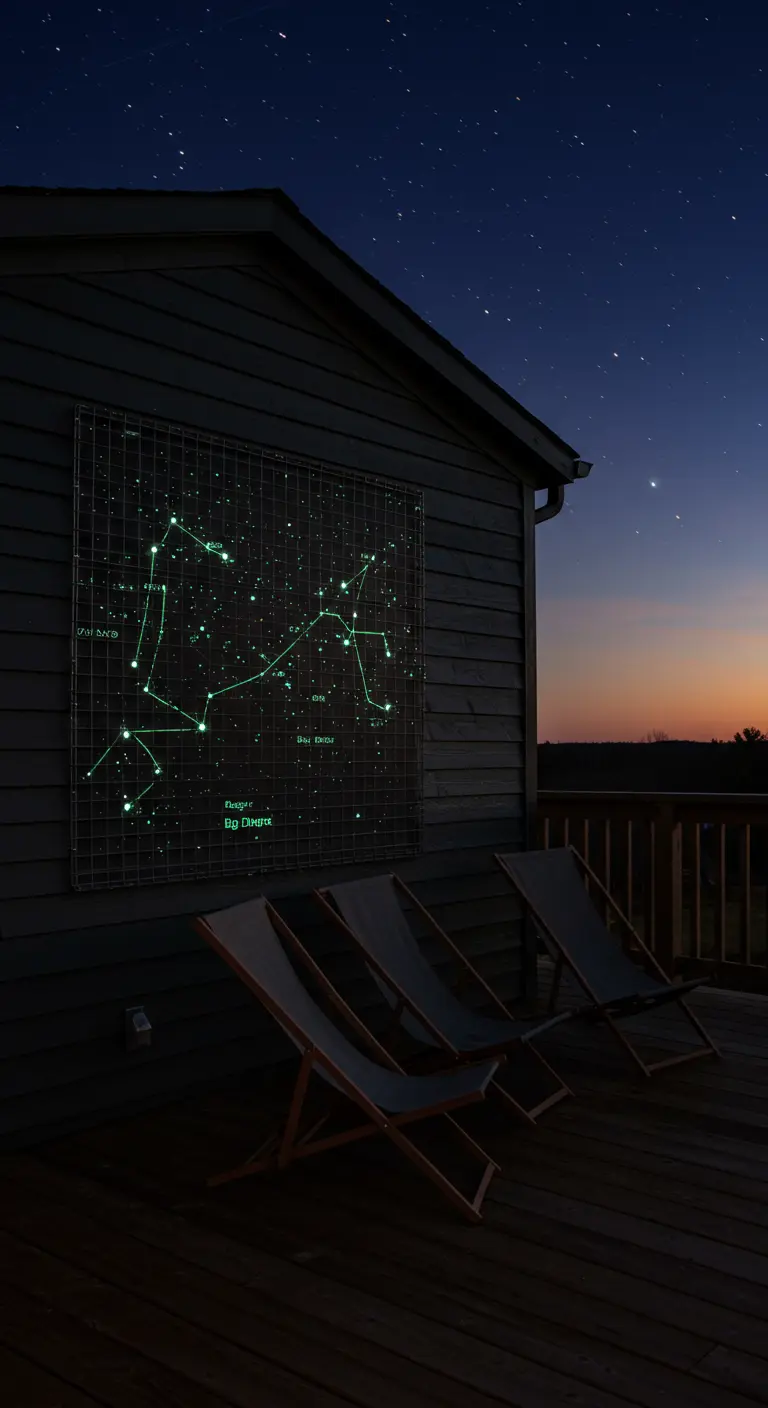 Eine leuchtende Sternenkonstellation auf einem Drahtgitter an einer Hauswand bei Nacht.