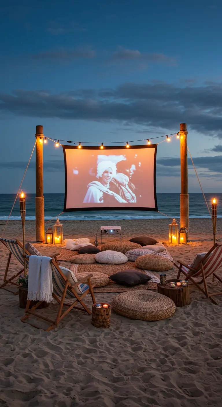 Open-Air-Kino am Strand bei Nacht mit Leinwand, Kissen und Laternen.