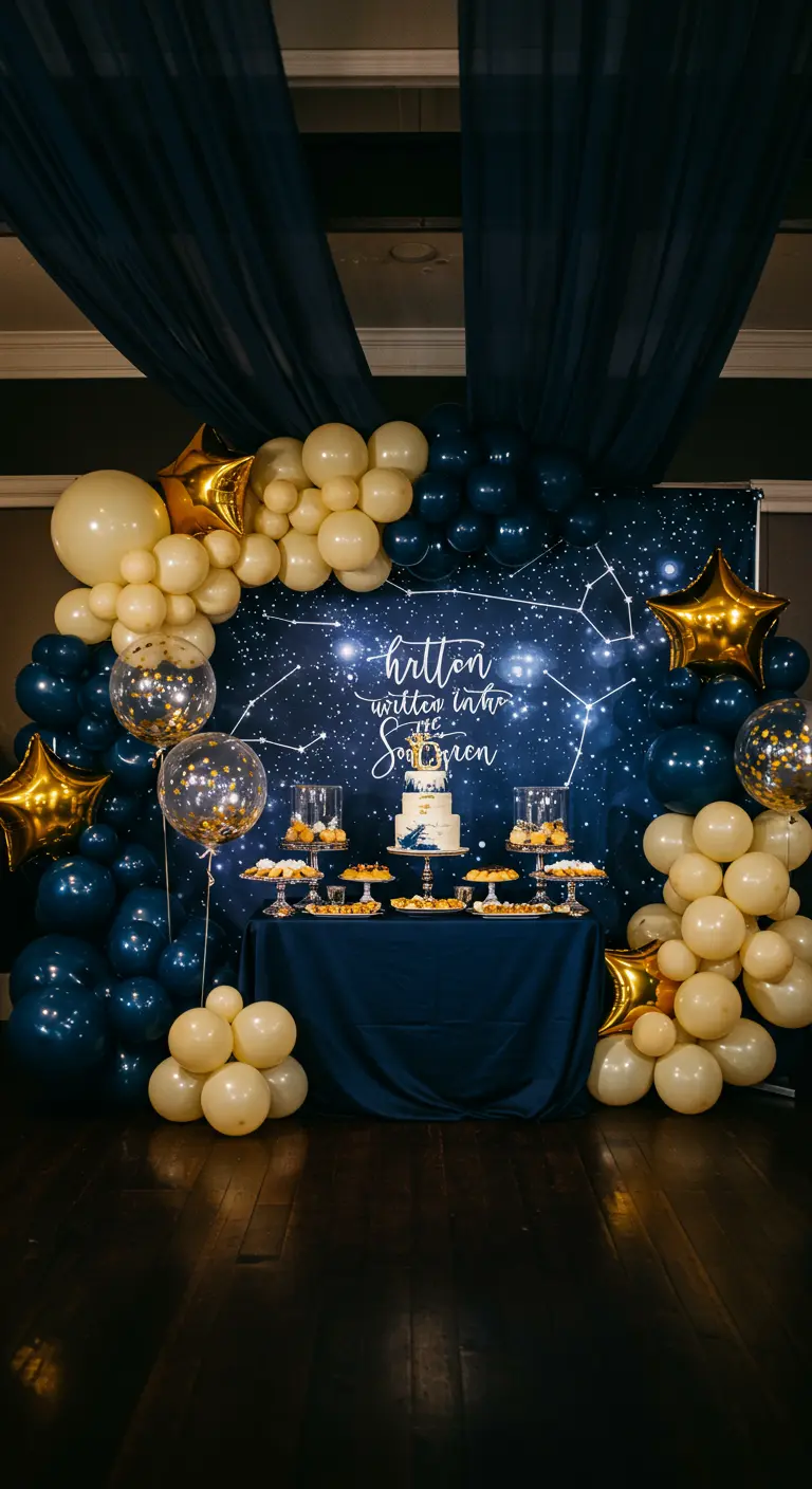 Nachtblaue und cremefarbene Ballongirlande vor einem Sternenhimmel-Hintergrund