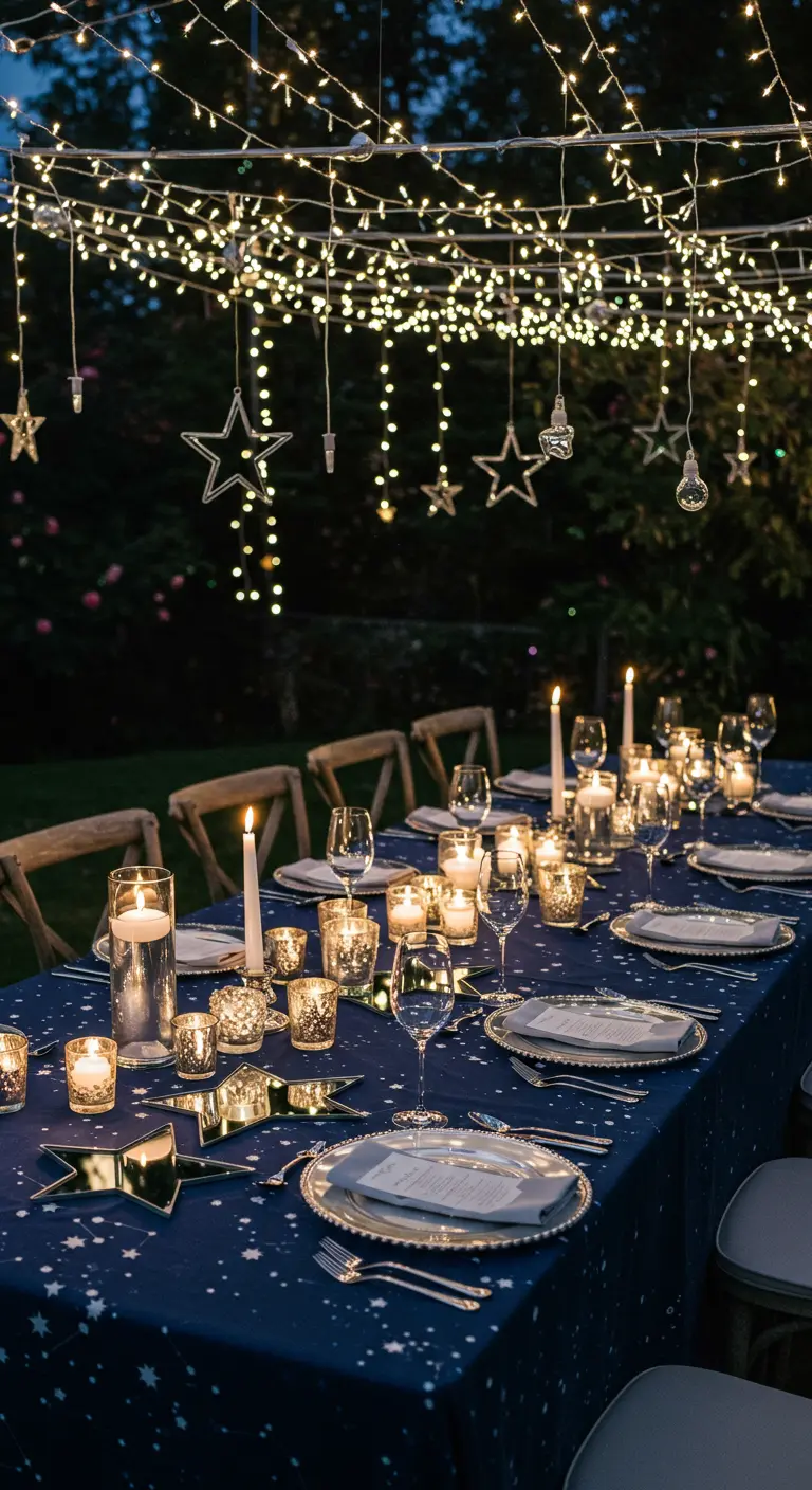Gartentisch mit dunkelblauer Decke, Sternenspiegeln, Kerzen und Lichterketten-Himmel