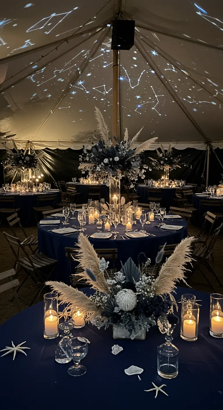 Runde Tische mit dunkelblauen Decken und weißen Trockenblumen in einem Zelt mit Sternenprojektion