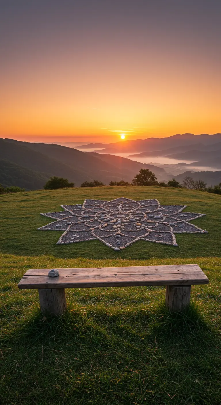 Ein großes Sternen-Mandala aus Steinen auf einer Bergwiese bei Sonnenaufgang.