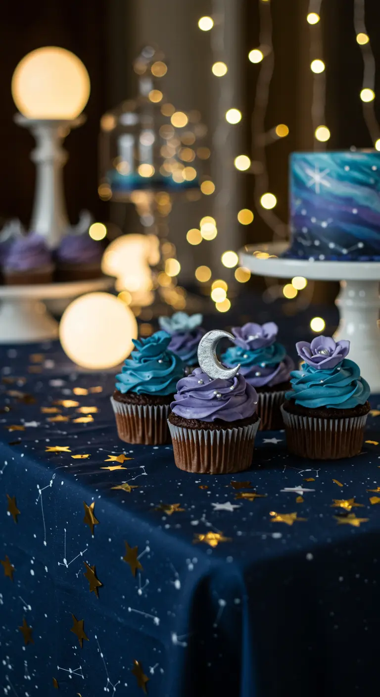Desserttisch im Nachthimmel-Thema mit Galaxie-Cupcakes und funkelnden Lichtern.