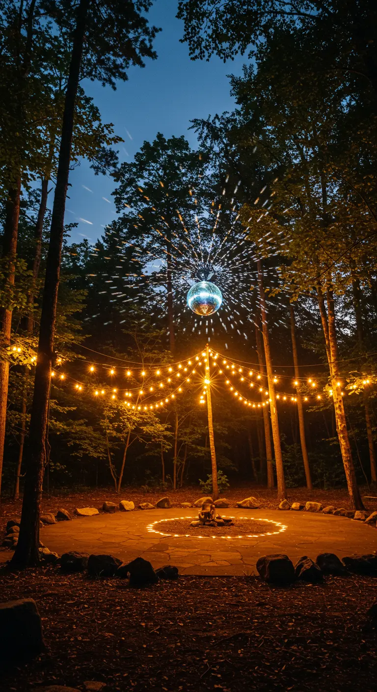 Diskokugel hängt zwischen Bäumen und wirft Lichtpunkte auf eine Waldlichtung