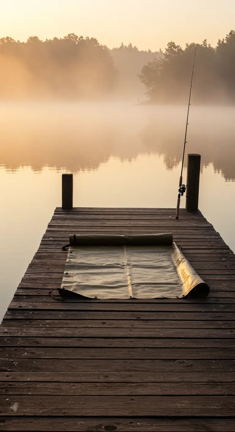 Eine aufgerollte, gewachste Segeltuchmatte auf einem Holzsteg an einem nebligen See.