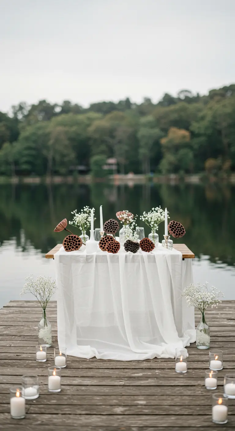 Weiß gedeckter Tisch auf einem Holzsteg am See, dekoriert mit Lotuskapseln und Schleierkraut
