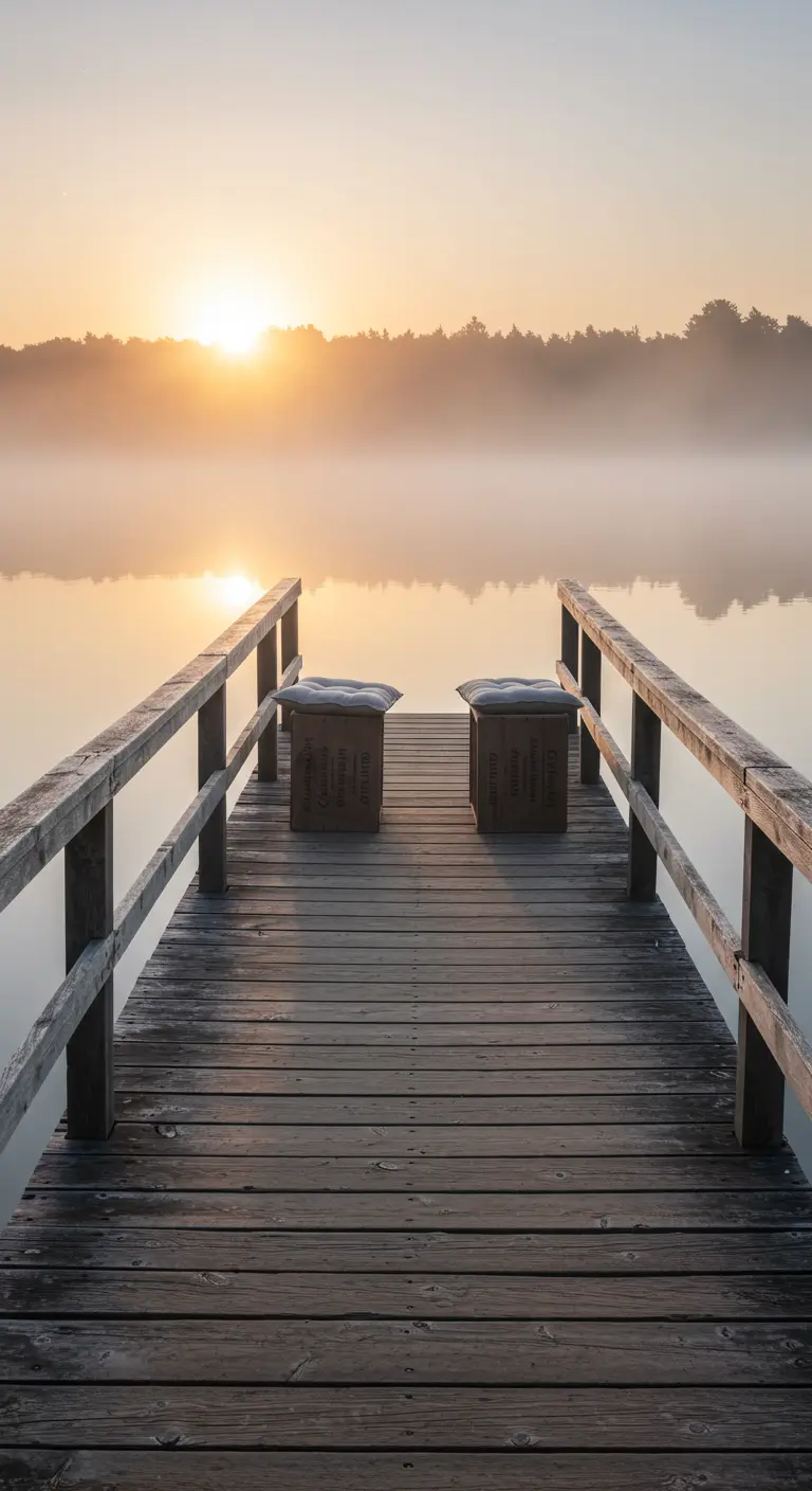 Zwei Weinkisten-Hocker auf einem Holzsteg bei Sonnenaufgang über einem nebligen See.