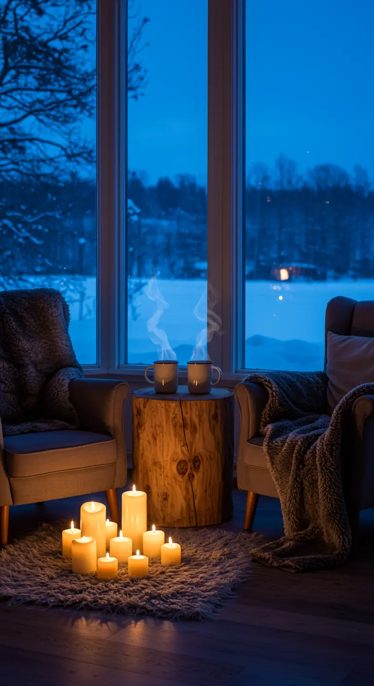 Zwei Sessel am Fenster mit Blick auf Schnee, Kerzen auf dem Boden.
