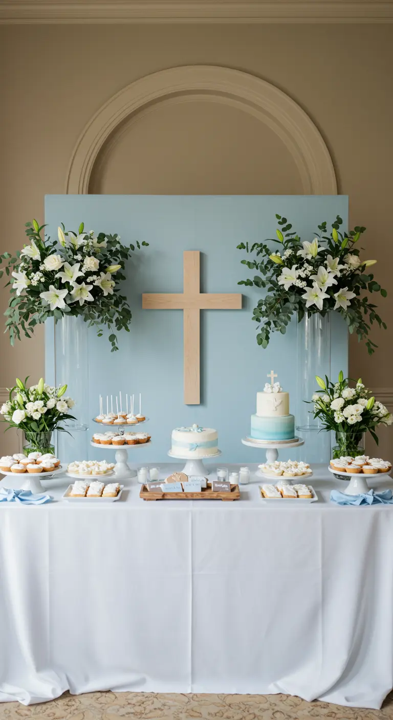 Symmetrisch arrangierter Tauf-Tisch mit einem Holzkreuz an einer blauen Wand und weißen Lilien.