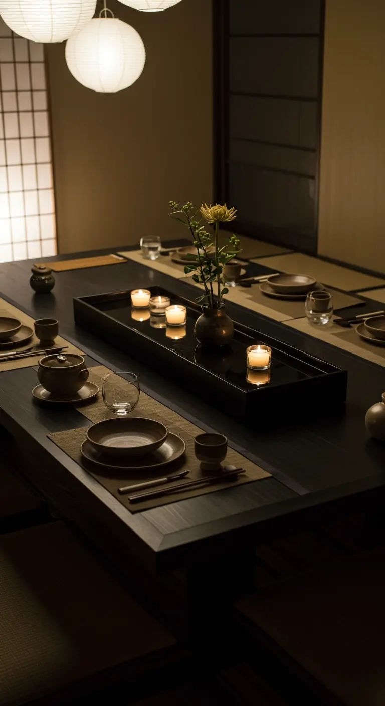 Minimalistische Tischdeko im japanischen Stil mit einem schwarzen Tablett, Teelichtern und einer Blume