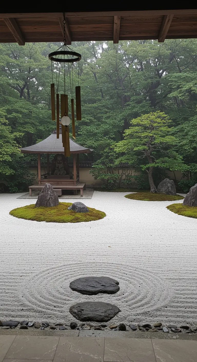 Hölzernes Windspiel hängt vor einem japanischen Zen-Garten mit geharktem Sand.