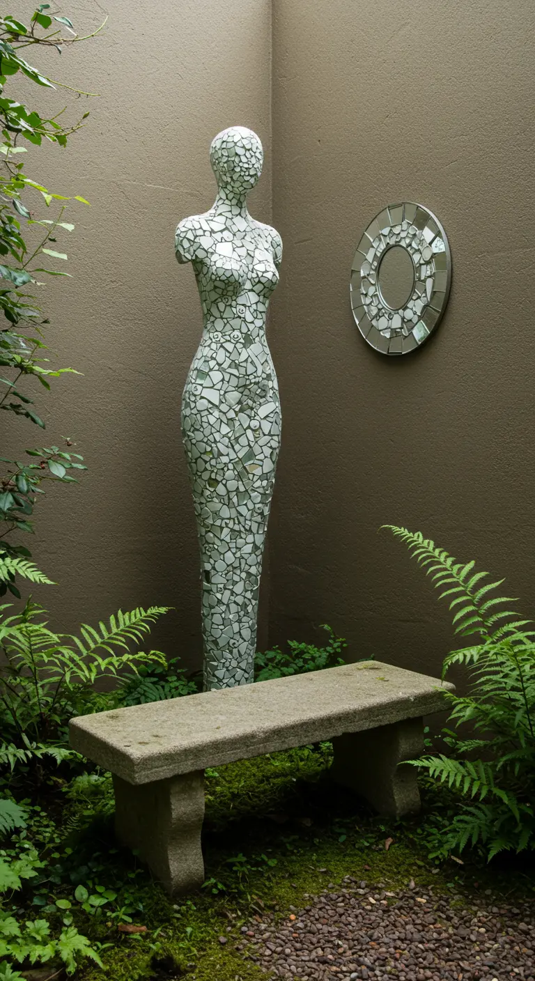 Eine lebensgroße weibliche Statue aus weißem Mosaik in einer ruhigen Gartenecke mit Farnen.
