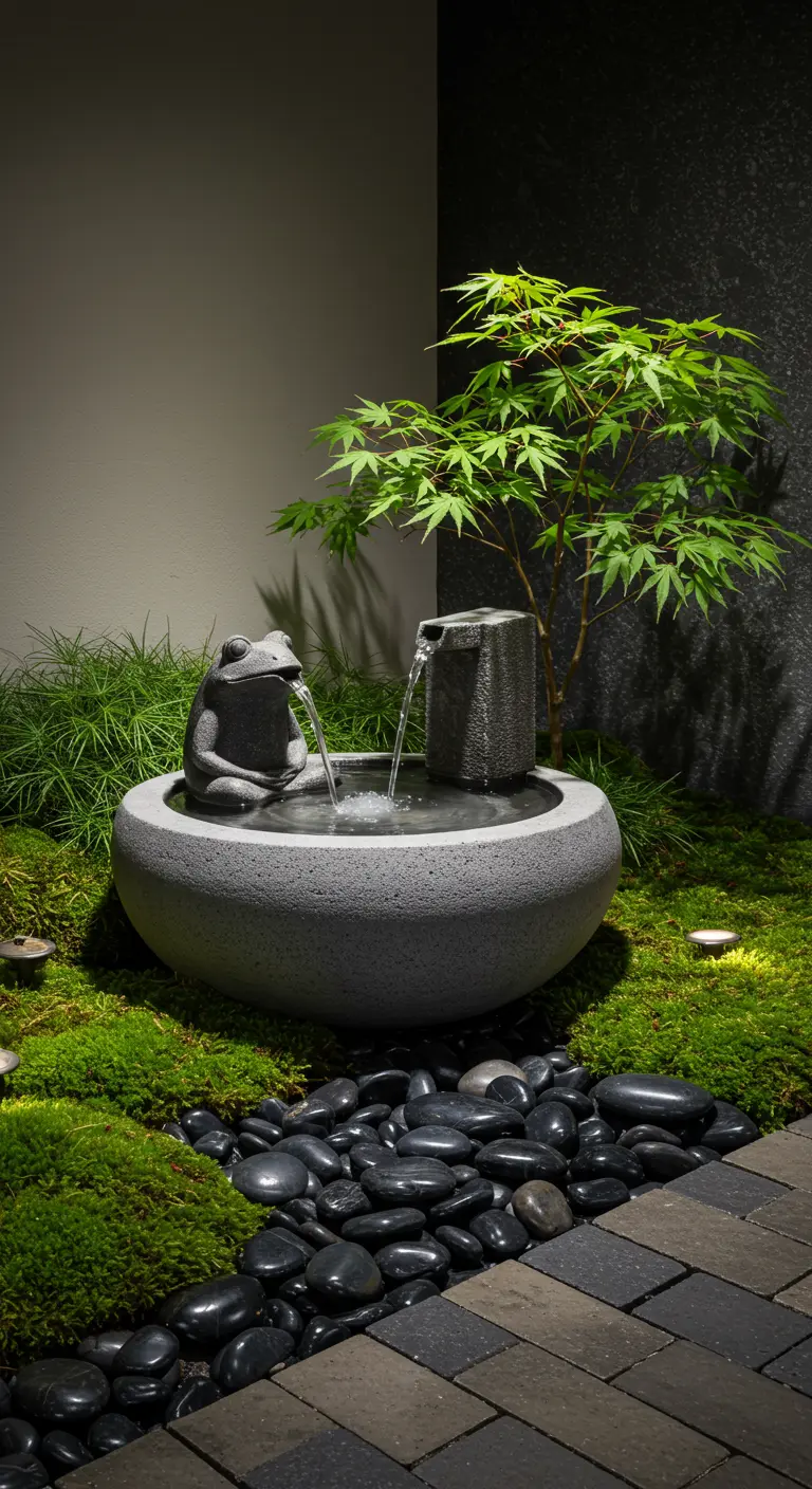 Moderner Froschbrunnen in einer Zen-Gartenecke mit Moos, Ahorn und schwarzen Steinen.