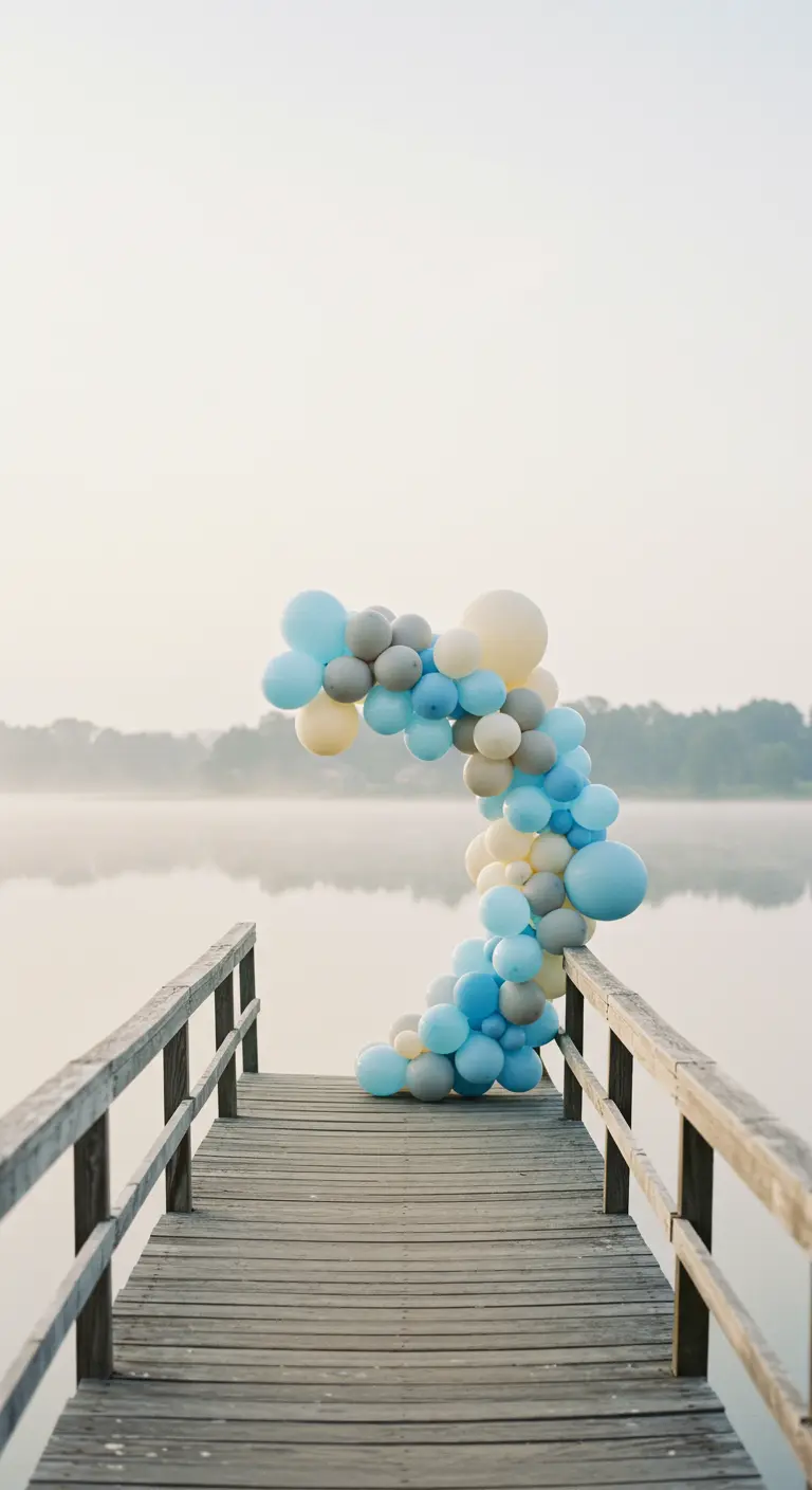 Asymmetrischer Ballonbogen in Blau- und Grautönen am Ende eines Holzstegs