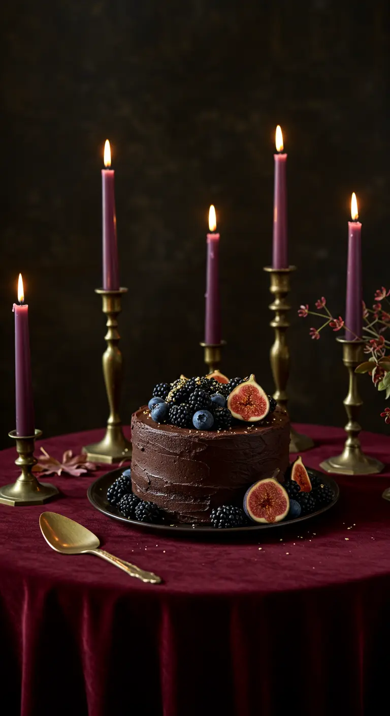 Schokoladentorte mit dunklen Beeren und Feigen, umgeben von brennenden Kerzen.