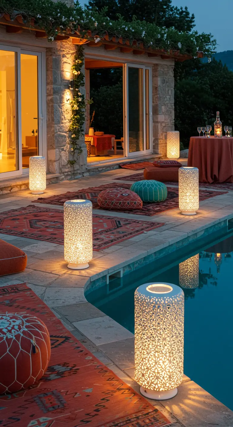 Poolterrasse mit orientalischen Bodenleuchten, roten Teppichen und bunten Poufs.