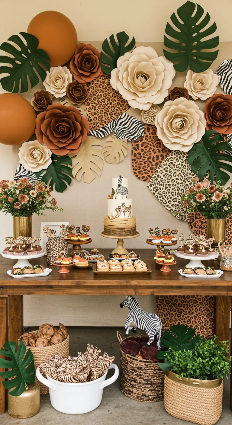 Safari-Deko mit Papierblumen in Erdtönen, Animal-Prints und tropischen Blättern.