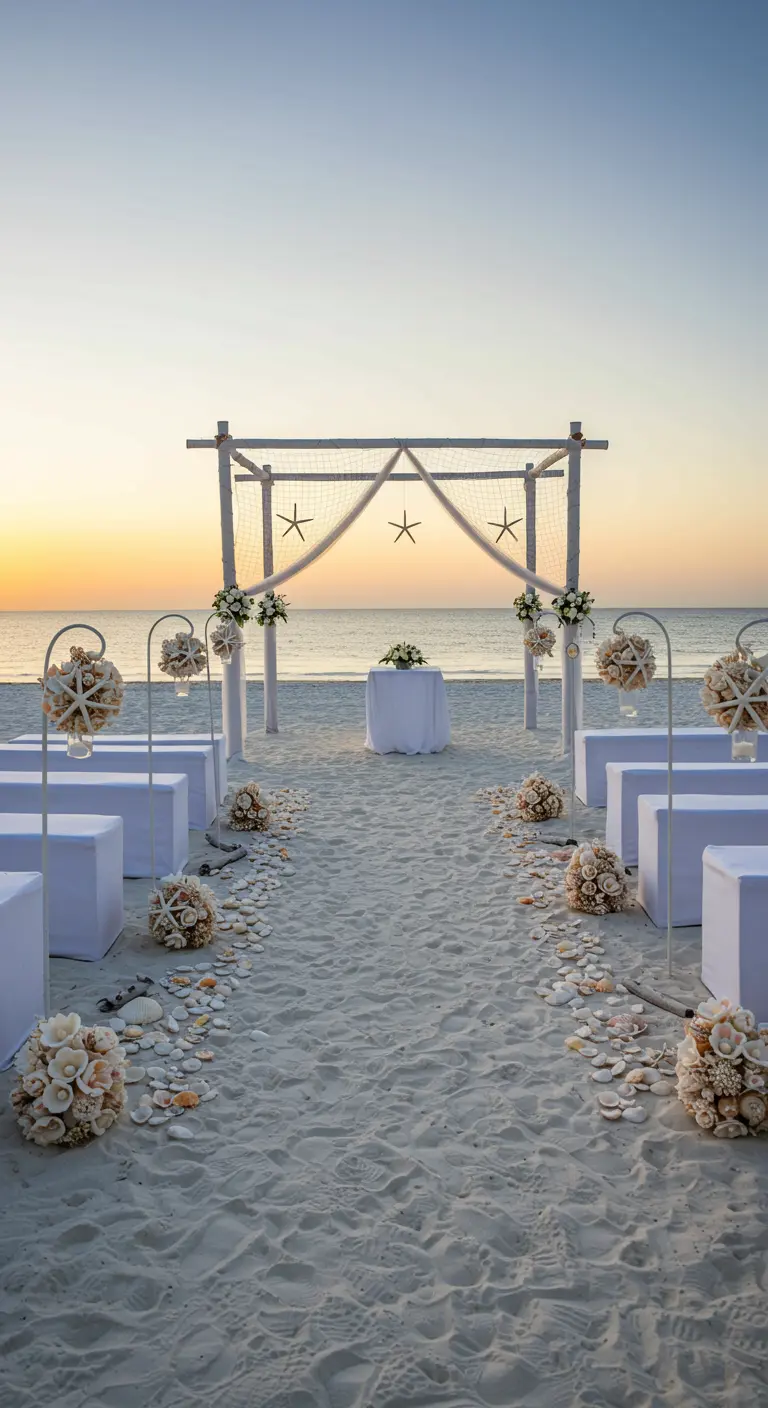 Hochzeitszeremonie am Strand mit einem Altar aus Treibholz und Muscheldekoration.