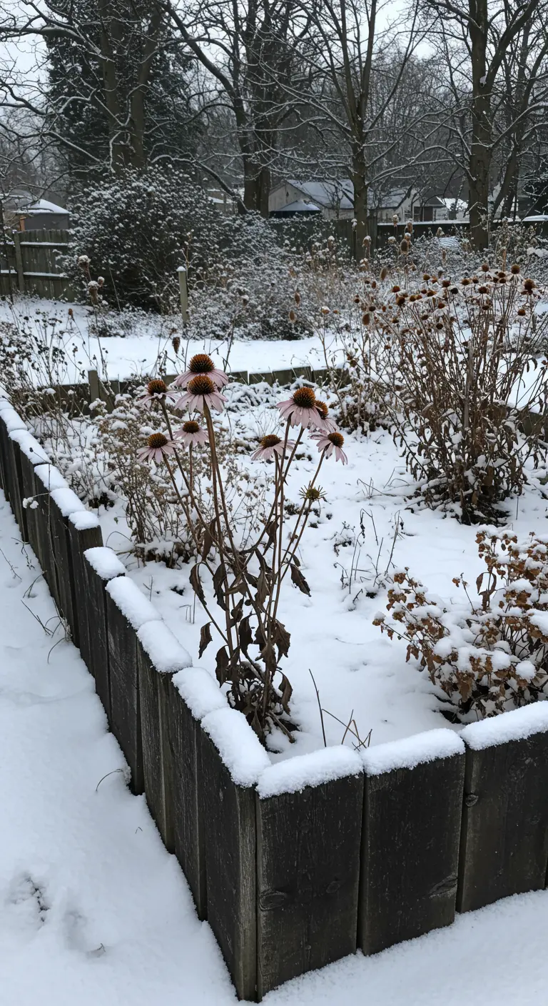 Ein schneebedecktes Gartenbeet, dessen dunkle Holzeinfassung deutlich sichtbar ist.