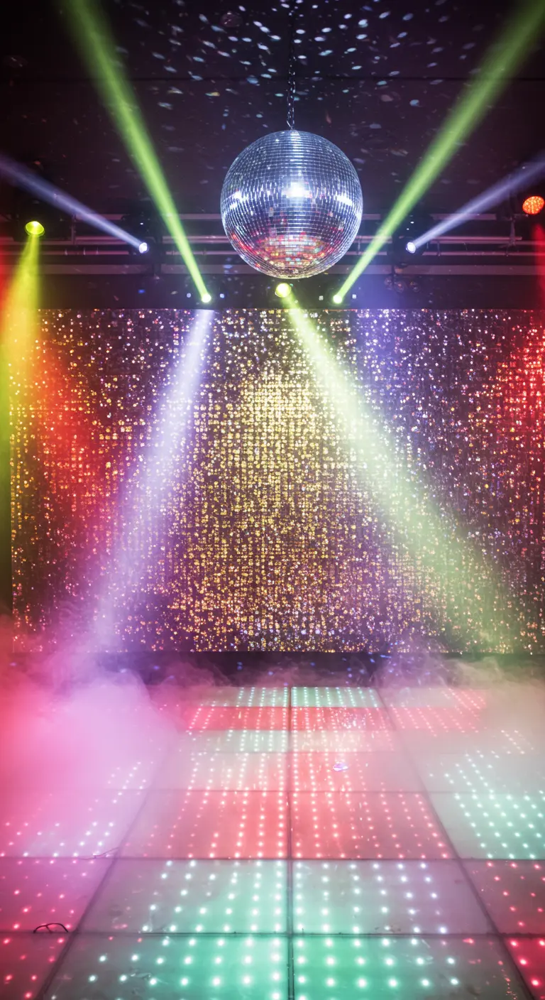 Glitzernder Vorhang, Discokugel und bunte Lichter für eine 70er-Jahre-Disco-Party.