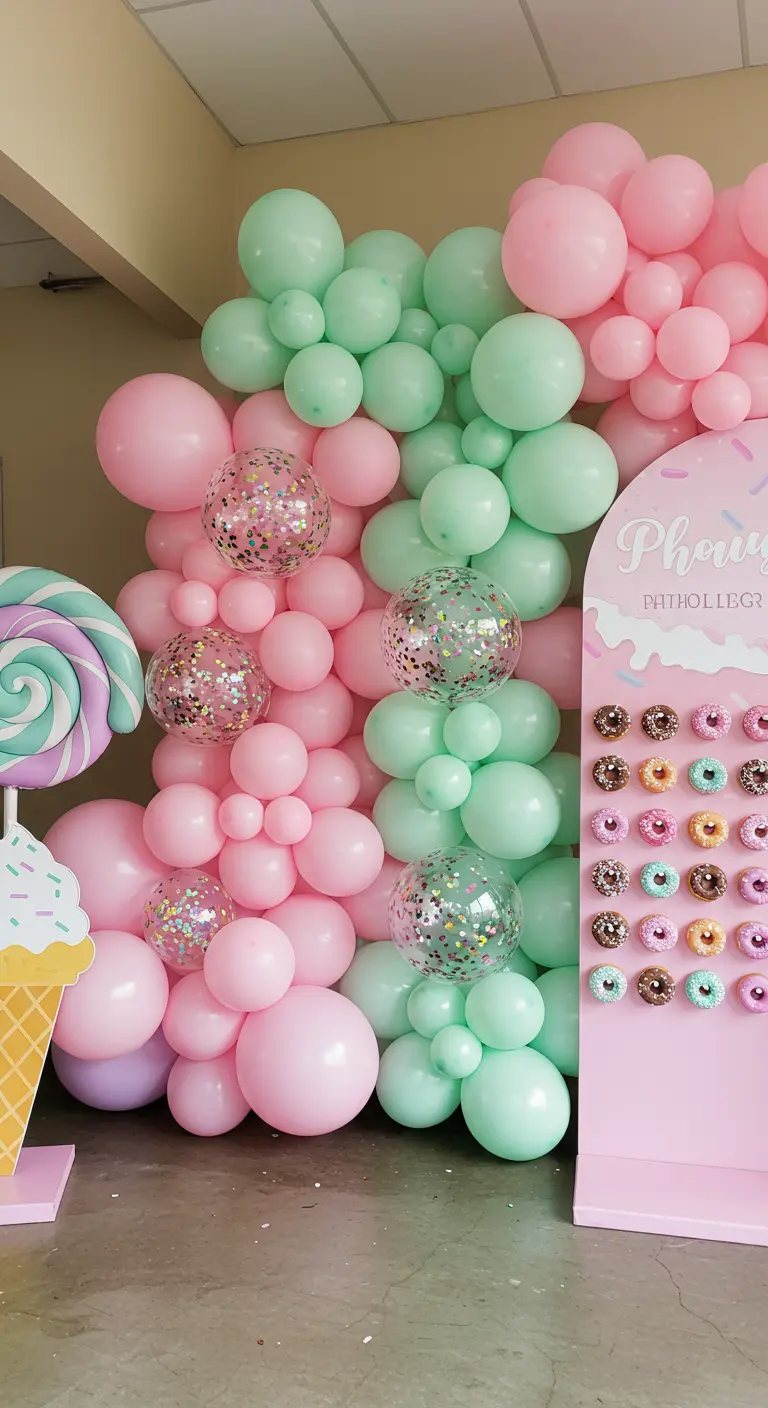 Ballonwand in Rosa und Mintgrün neben einer Donut-Wand und riesigen Lollis